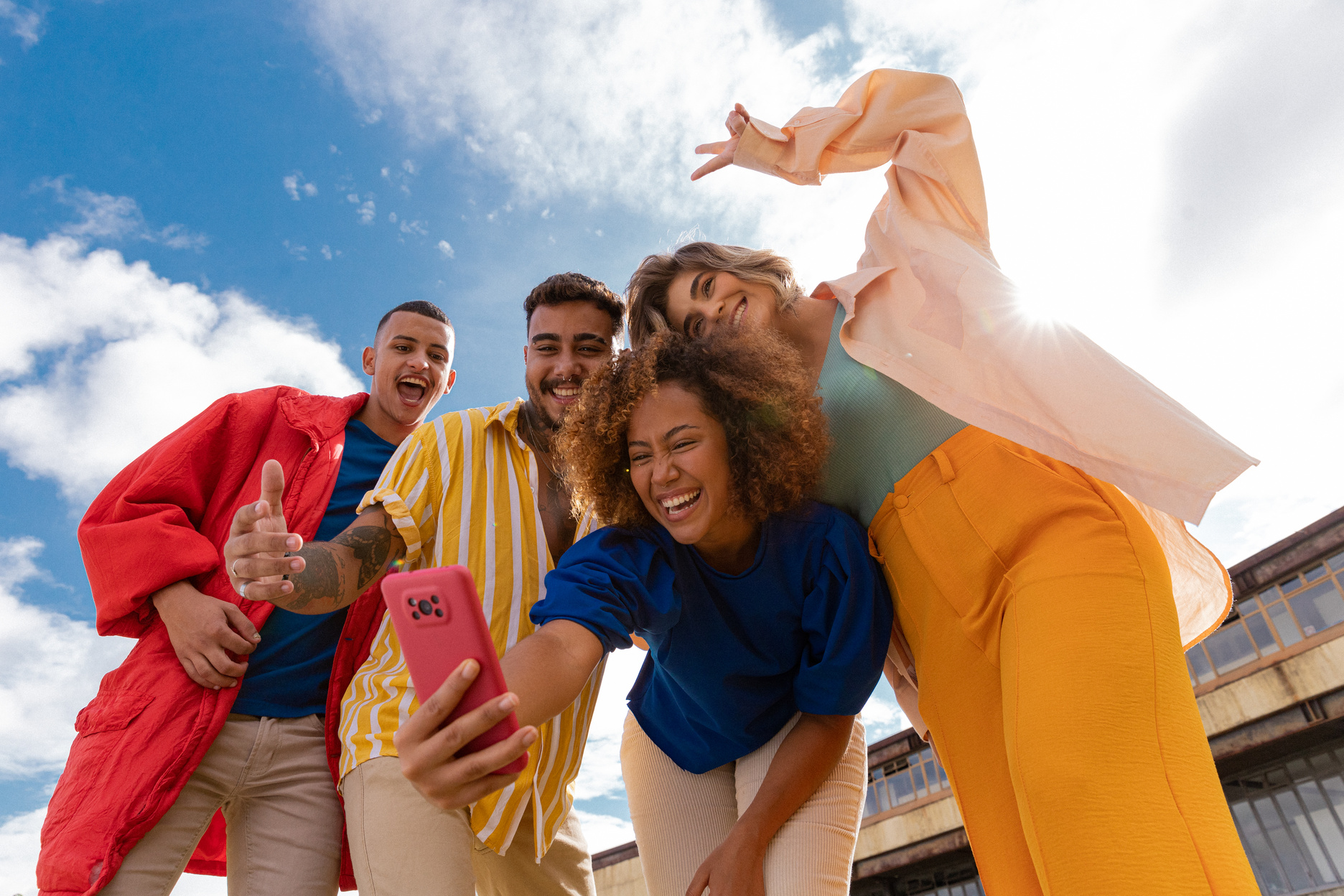 Outdoor Youths & Tech Friends Taking Selfie Outdoors