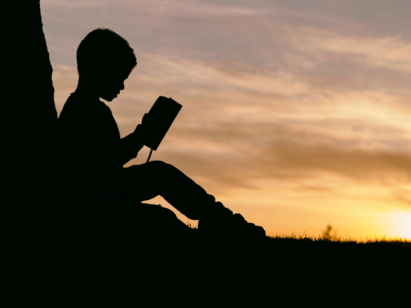 Silhouette of a Kid Reading at Sunset